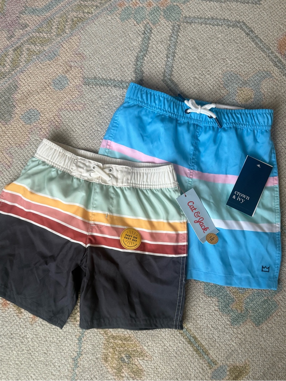 crown & ivy Boys' Blue and Multi-Color Stripe Swim Trunks